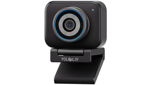YOL@LIV webcam with compact black design and blue-ringed lens against white background.