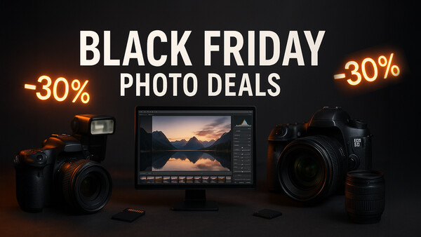 Photography equipment including cameras, lenses, and a monitor displaying landscape editing software with -30% discount overlays.