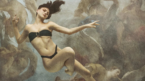 Illustration of a reclining female figure in classical pose against a textured, muted background.