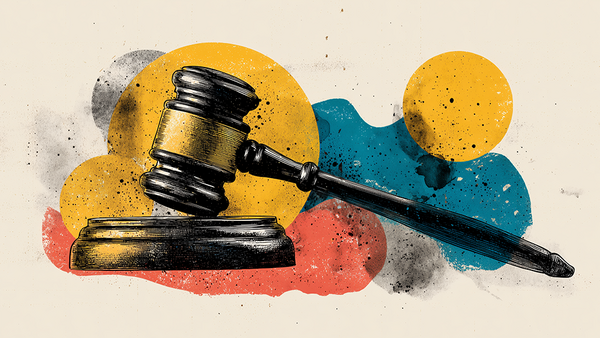 Illustration of a judge's gavel with colorful watercolor splashes in yellow, blue, red, and gray.
