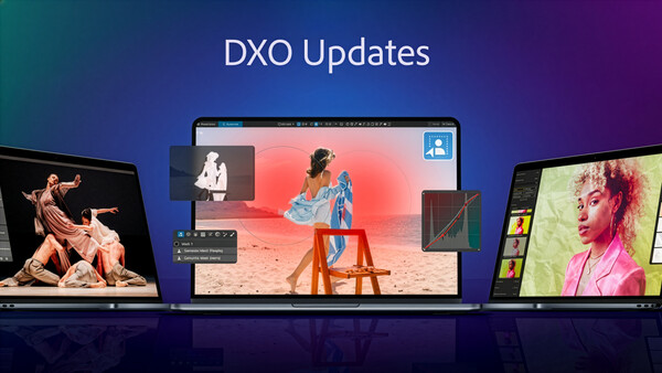 Screenshot showing DXO Updates interface with three laptop displays demonstrating image editing and color grading workflows.