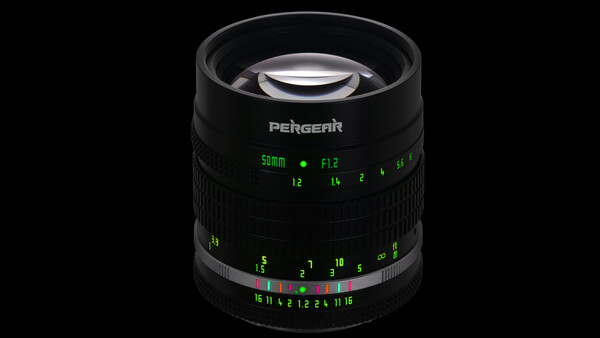 Pergeaar 50mm F1.2 manual focus lens with green distance and aperture markings on black background.