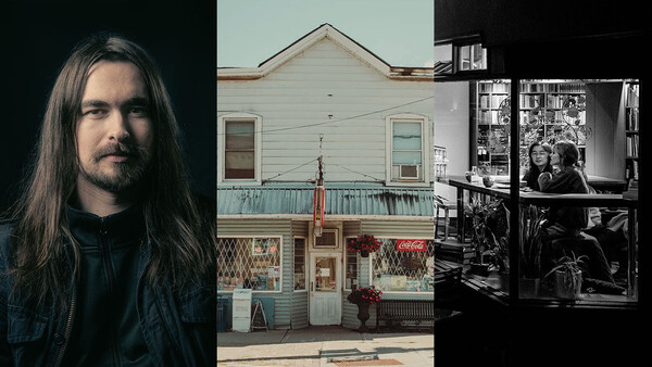Portrait of a man with long dark hair alongside architectural and documentary photographs.