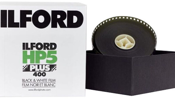 Ilford HP5 Plus 400 black and white film box and 35mm film canister.
