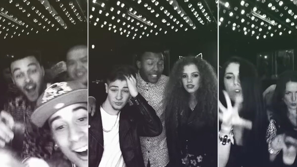 Three black and white selfie-style photos taken under grid ceiling lights showing groups of people at an indoor venue.