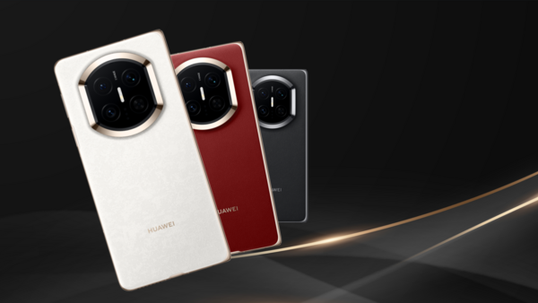 Three Huawei smartphones arranged in white, red, and black finishes, displaying prominent circular camera modules on their rear panels.