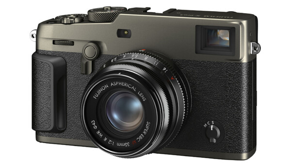 Fujifilm X-Pro1 rangefinder camera with champagne and black finish, showing fixed prime lens and optical viewfinder.