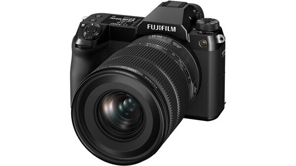 Fujifilm GFX medium format mirrorless camera with attached wide-angle lens on white background.