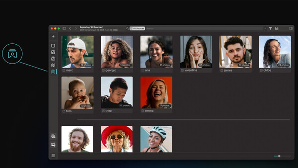 Screenshot of photo management software displaying a grid of portrait headshots with various lighting and styling.