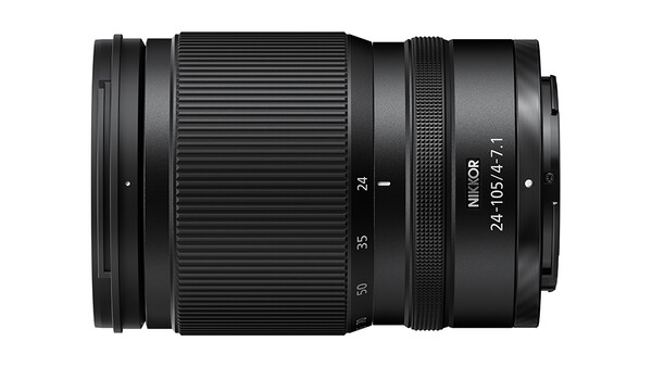Nikon Z mount 24-105mm f/4 S telephoto zoom lens shown in profile against white background.
