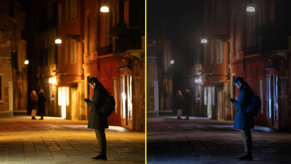 Side-by-side comparison of the same nighttime street scene with different color temperature processing.