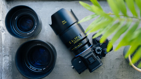 Camera body with three interchangeable lenses arranged on concrete surface next to potted plant.