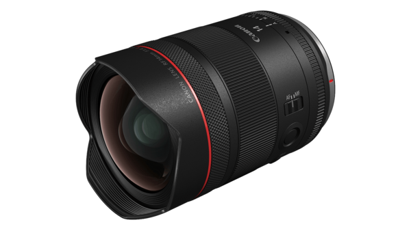 Wide-angle camera lens with black barrel and red accent ring on white background.