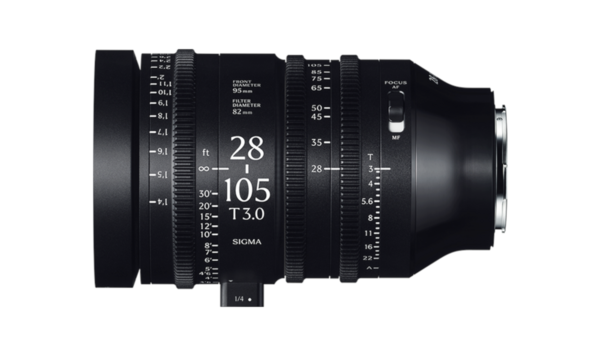 Sigma 28-105mm f/3.8-4.5 telephoto zoom lens shown in profile view against white background.