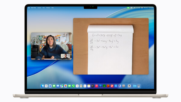 Screenshot of macOS desktop showing video call with person on left and handwritten notes on brown board on right.