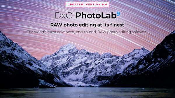 Screenshot of DxO PhotoLab 9 software interface showing a snow-covered mountain landscape at sunset.