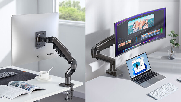 Side-by-side comparison of monitor arm setups for creative workstations