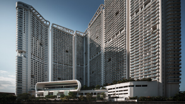 Architectural rendering of tall residential towers with curved base structures against clear blue sky.