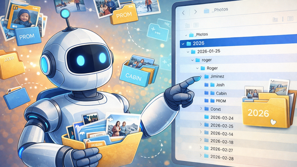 Illustration of a robot organizing digital photos with file browser and folder interface displayed on screen.