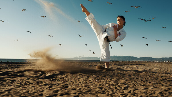 Martial artist in white gi performing a high kick on a sandy beach with birds flying overhead.