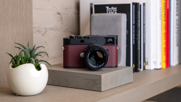 Burgundy rangefinder camera displayed on a light wood block beside photography books and a potted plant.