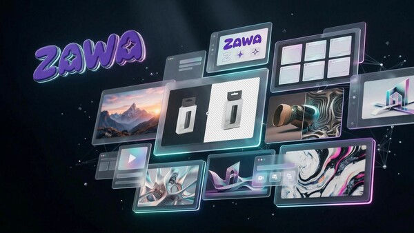 Graphic illustration of the Zawa app interface with floating window panels displaying photography and design content against a dark starry background.