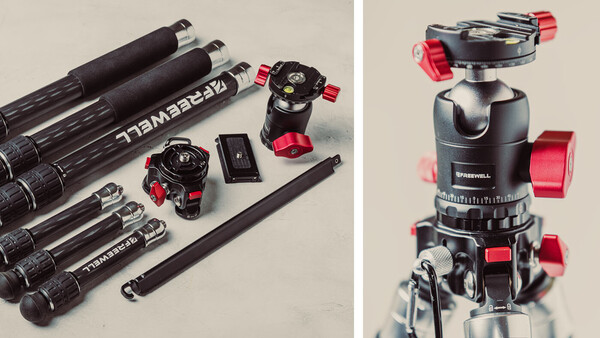 Professional camera tripod with ball head and red accents displayed alongside carbon fiber tripod legs and accessories