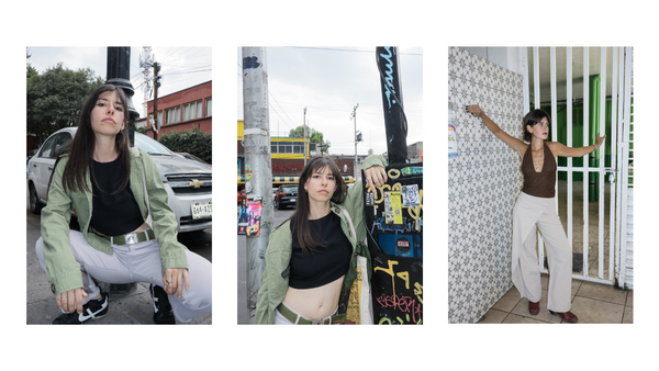 Three fashion styling photos showing a woman in coordinated outfits with neutral tones and layered pieces.