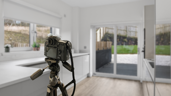 DSLR camera mounted on tripod inside bright, modern kitchen with glass doors overlooking garden.