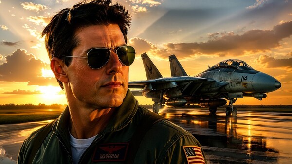 Military pilot wearing aviator sunglasses and flight suit with American flag patch, photographed against a fighter jet during golden hour.