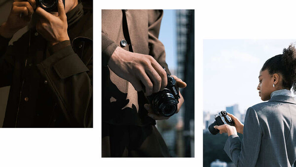 Three vertical panels showing photographers holding and operating cameras in various outdoor settings