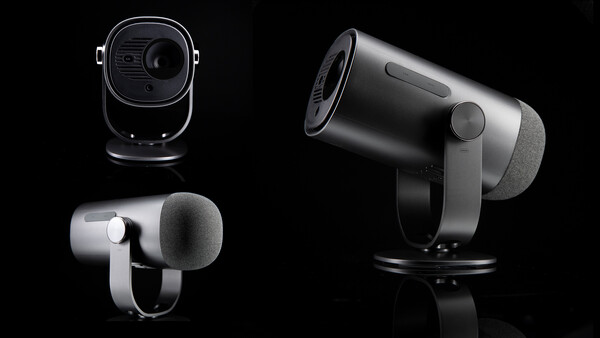 Four professional compact camera and microphone devices displayed against black background