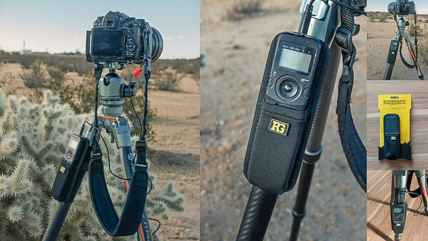 Remote camera trigger and intervalometer devices mounted on tripod in desert landscape