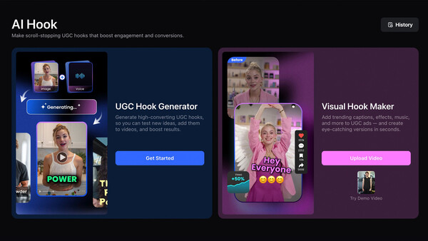 Screenshot of AI Hook platform showing UGC Hook Generator and Visual Hook Maker tools