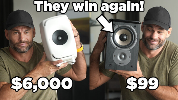 Comparison graphic showing two men holding speakers with price labels of $6,000 and $99
