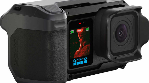 GoPro action camera with rugged protective housing and small rear display screen