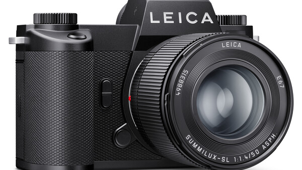 Leica SL2 mirrorless camera with Summilux-SL 50mm f/1.4 lens against white background