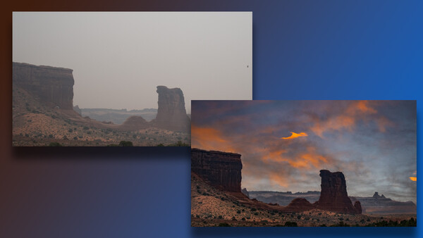 Desert landscape with towering rock formations at sunset and overcast dawn