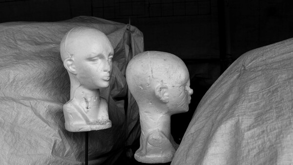 Two white plaster head busts displayed on draped fabric with dramatic side lighting