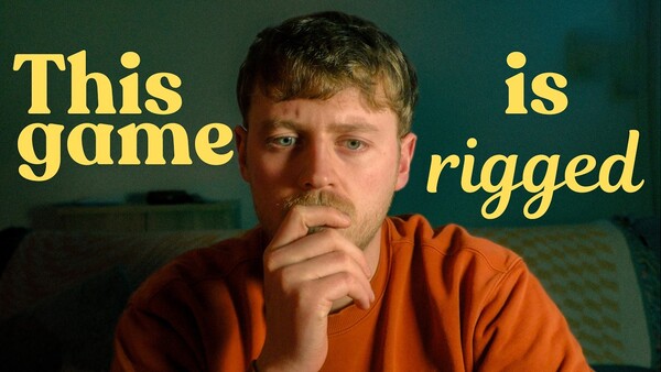 Meme-style graphic with man in orange shirt looking skeptical with hand near face