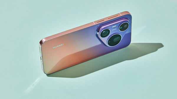 Huawei smartphone with gradient peach-to-blue finish and triple rear camera system on mint background