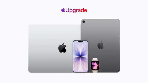 Graphic illustration of Apple devices including MacBook, iPhone, iPad, and Apple Watch displaying the Upgrade logo