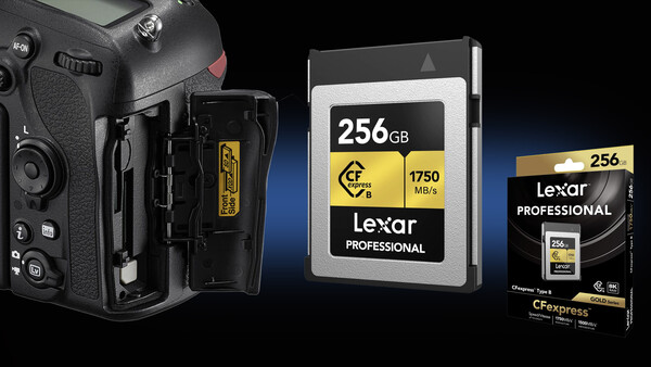 Nikon DSLR camera with Lexar CFexpress Type B memory cards and CFast card displayed