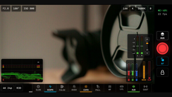 Screenshot of cinema camera interface showing waveform monitor and control panel