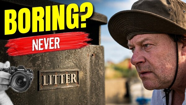 Man in cowboy hat next to concrete post with 'DITTER' nameplate and camera, with bold yellow text 'BORING? NEVER' above