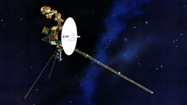 Illustration of Voyager spacecraft with extended antenna against starfield background