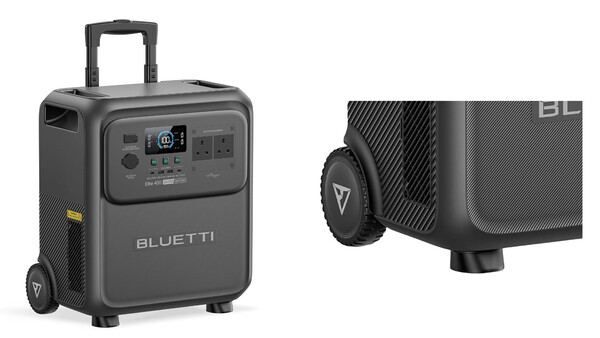 Bluetti portable power station with telescoping handle and wheels, shown from two angles