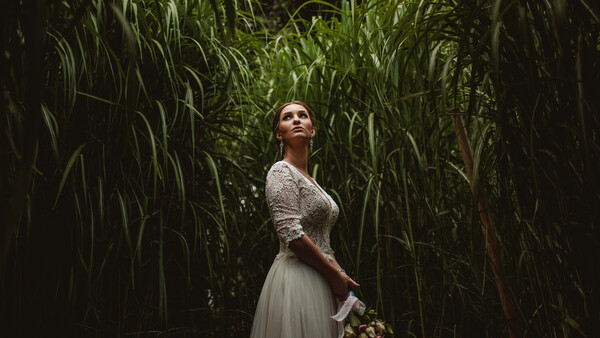 Woman in lace top and flowing skirt standing in tall green corn stalks, looking upward
