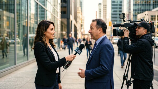 Female reporter conducting street interview with male subject while videographer operates professional camera on tripod