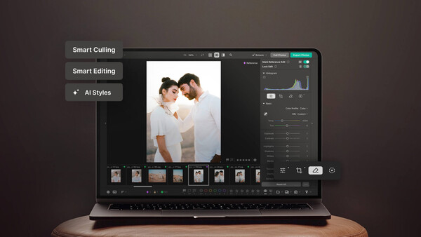 Screenshot of photo editing software displaying portrait image with adjustment panels and AI tools visible